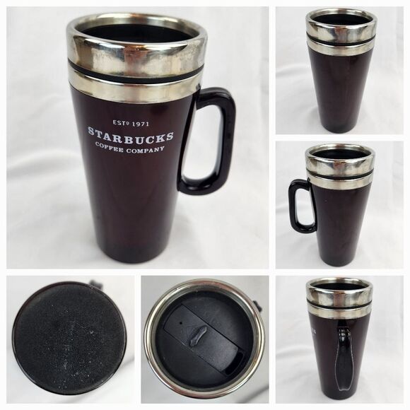 ☕️Vintage Starbucks Raspberry & Stainless Steel 16oz Travel Tumbler w/Handle - Picture 2 of 12